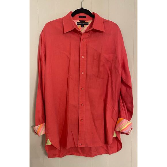 Tommy Hilfiger Pink Button Down Rainbow Cuff Pure Linen (L) Preppy Pride Vibrant - Picture 1 of 10